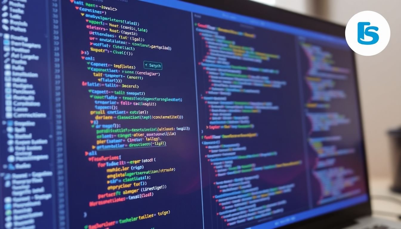 A variety of coding languages and tools displayed on a developer's screen, with a business logo in the corner.