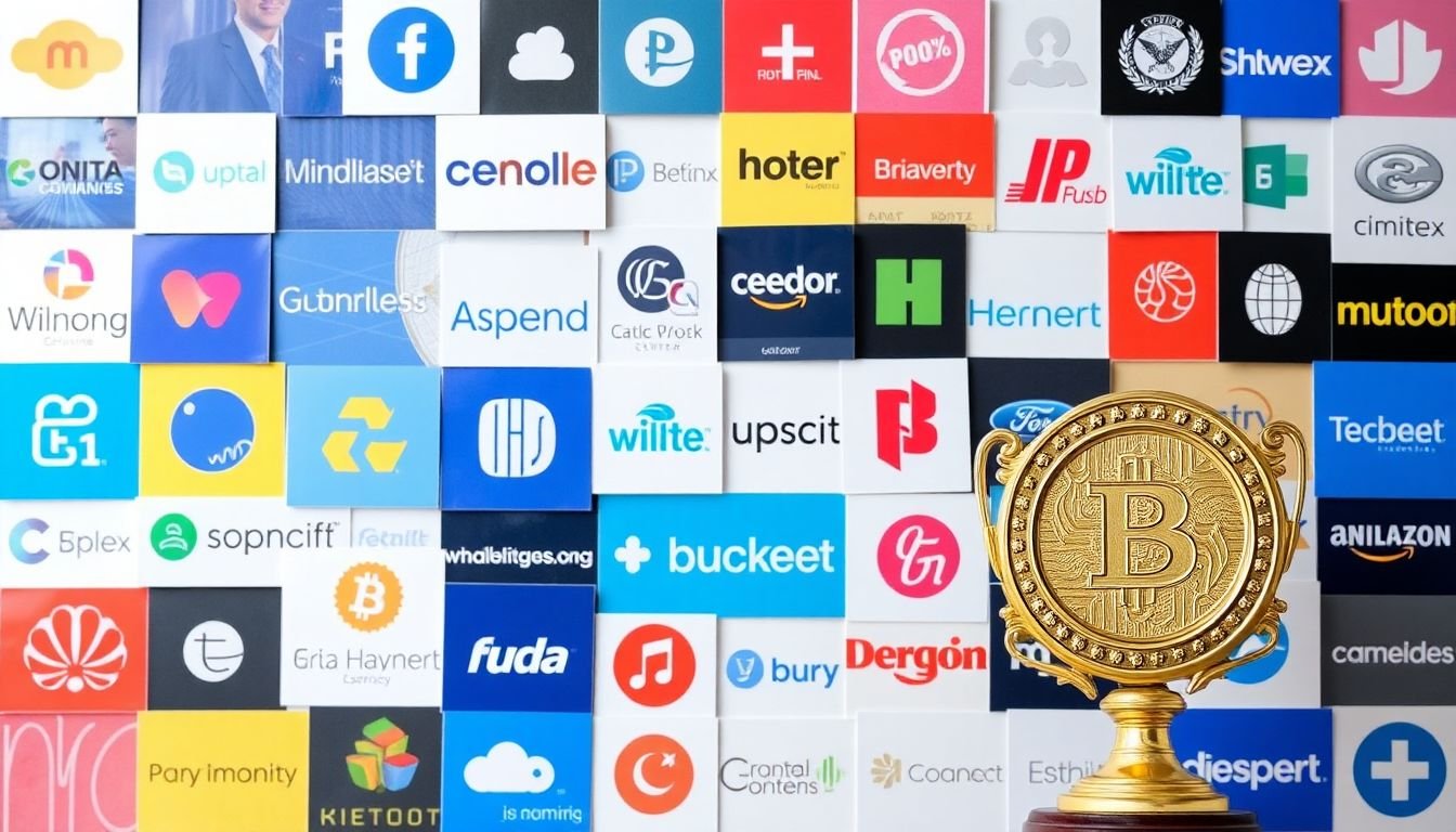 A collage of business logos and success stories, with a trophy or medal in the foreground.