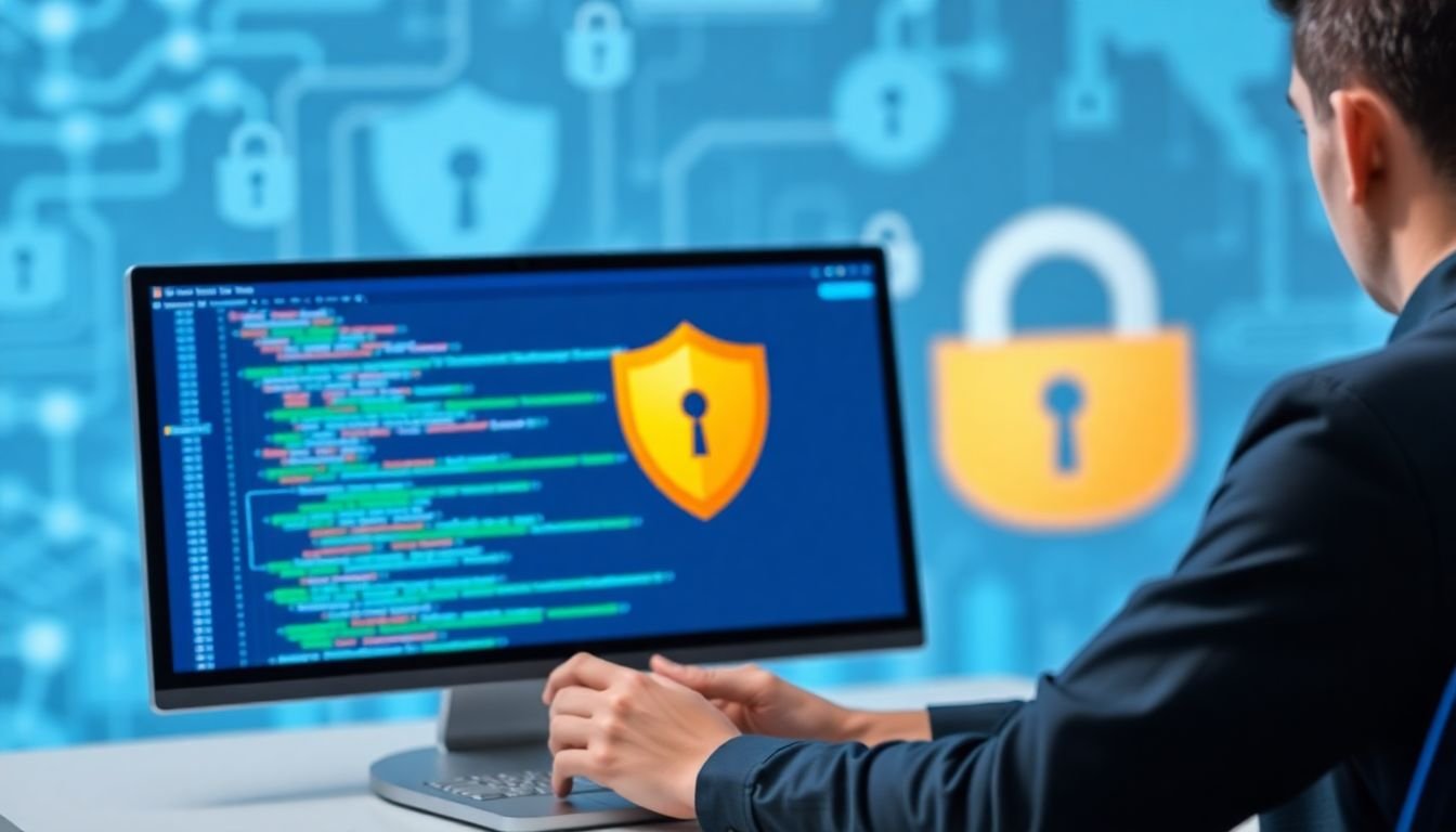 A cybersecurity specialist testing a custom software application, with a shield and a lock icon in the background.