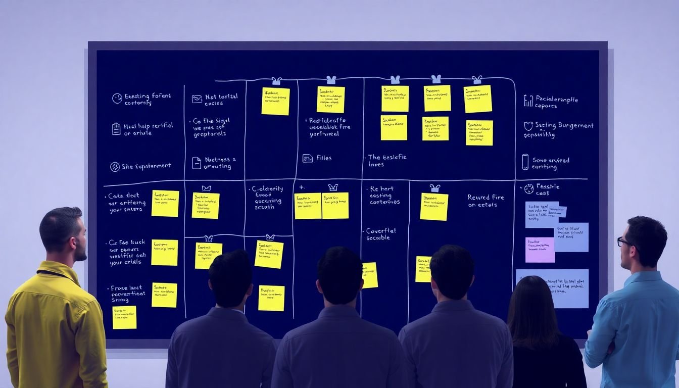 A Scrum board with sticky notes representing software features, with a team of developers standing around it.