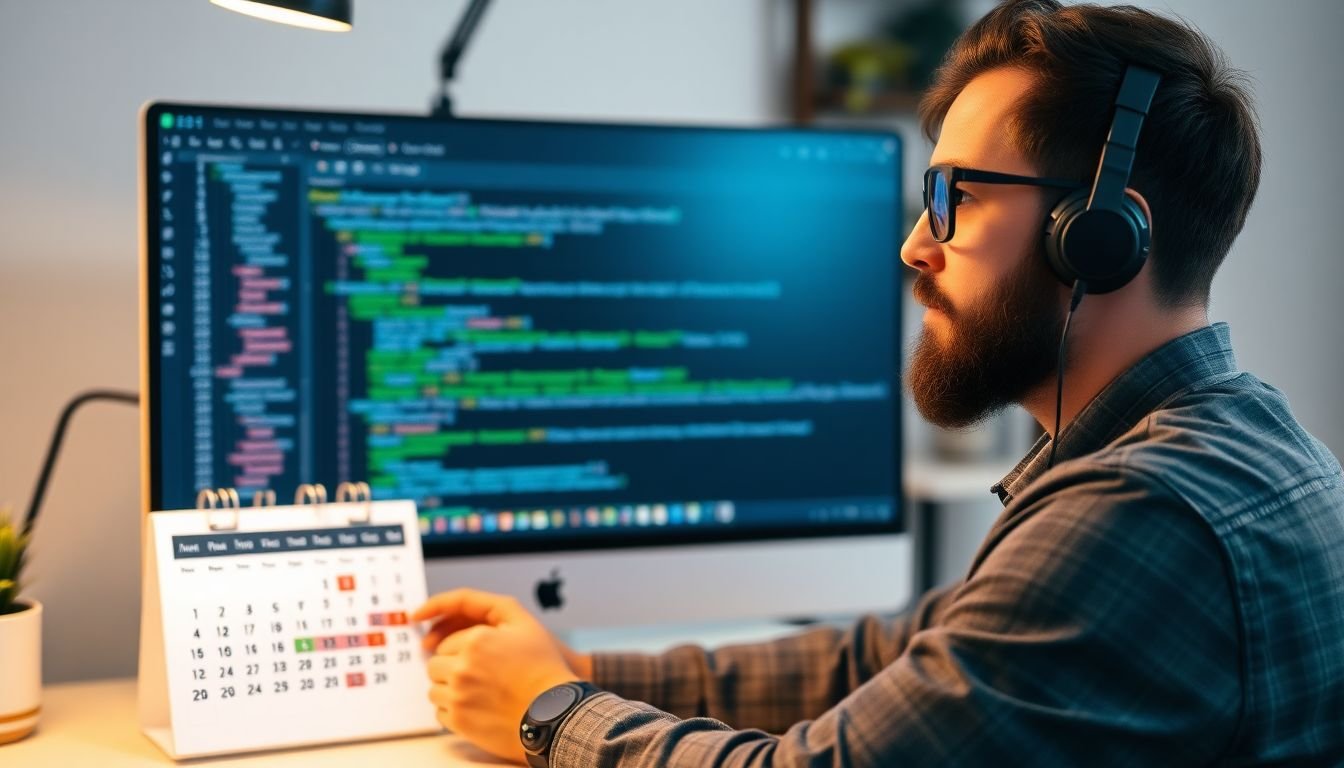 A developer updating a custom software application, with a calendar showing the passage of time.