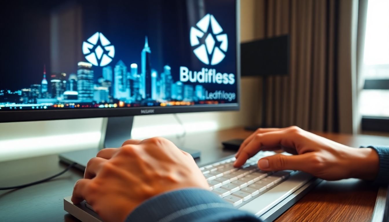 A close-up of a custom software developer's hands typing on a keyboard, with a unique business logo appearing on the screen, and a city skyline reflected on the monitor, symbolizing the fusion of technology and business.