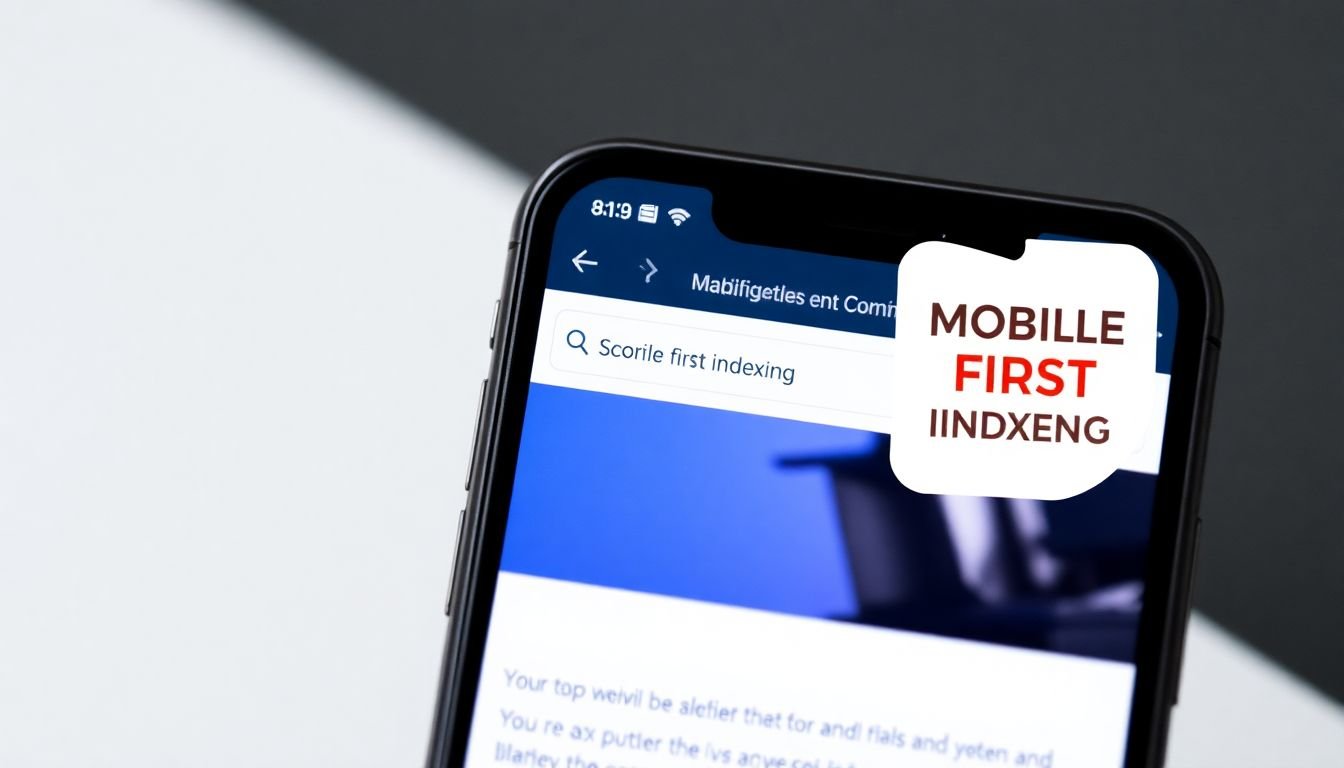A smartphone displaying a responsive and mobile-optimized website, with a mobile-first indexing logo in the corner