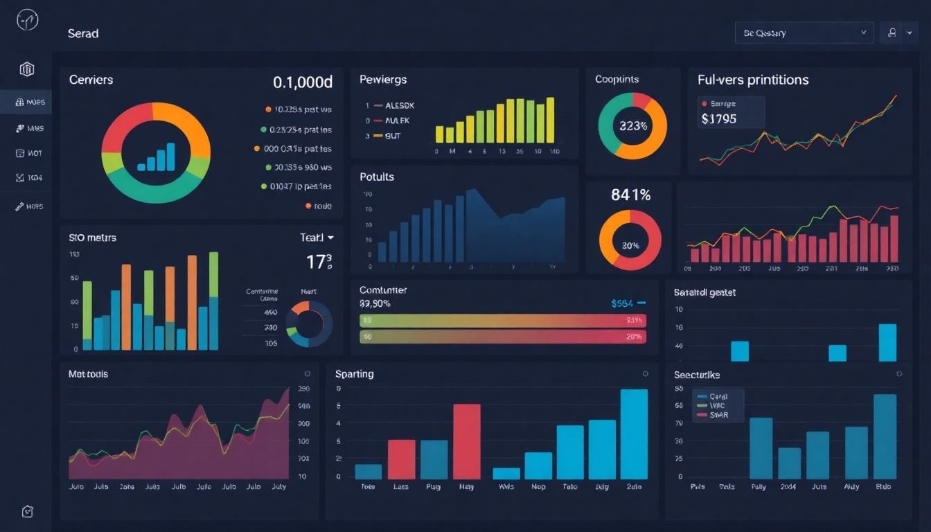 A dashboard filled with SEO metrics, graphs, and charts, with a progress bar showing improvement over time