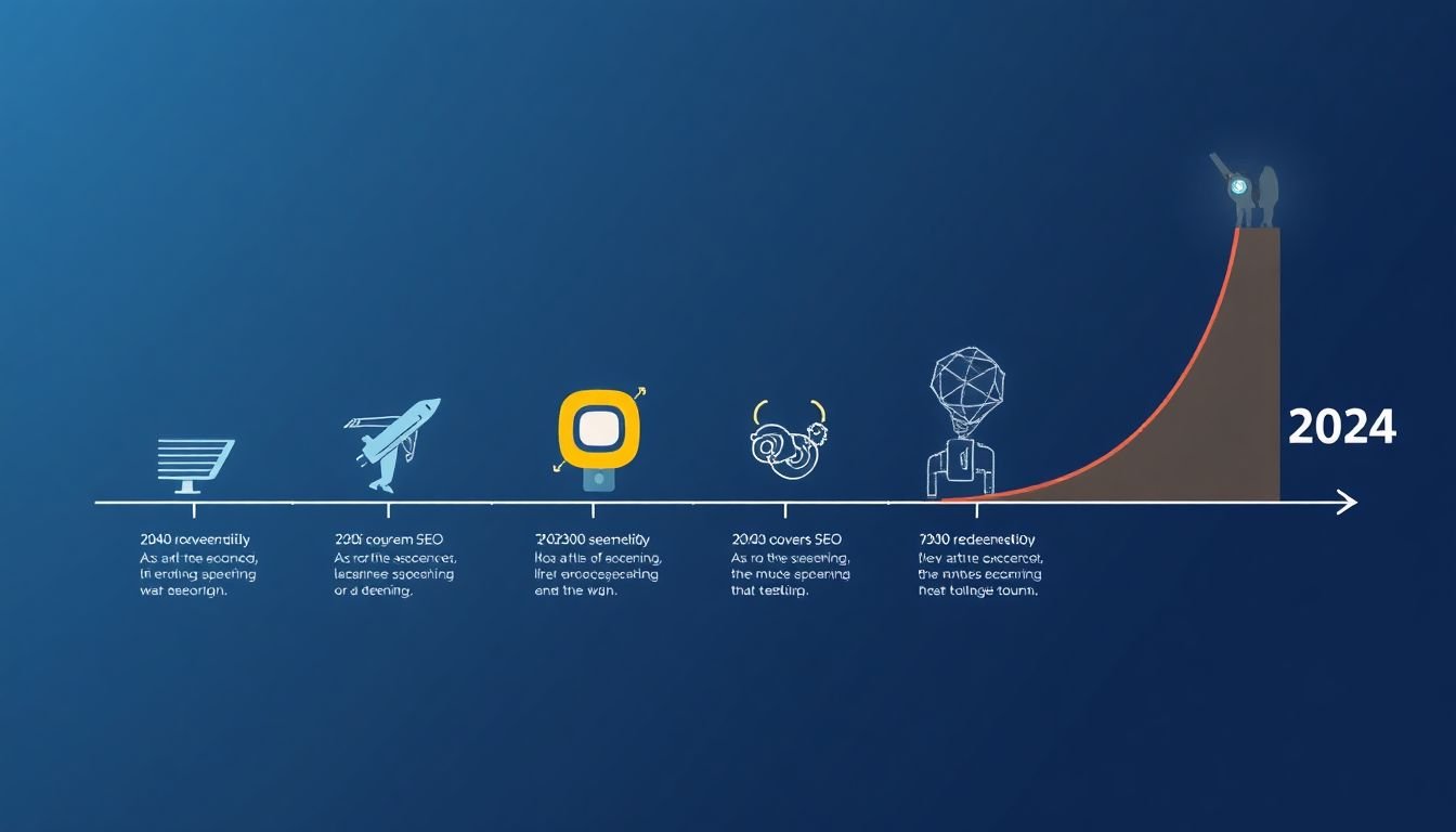 An infographic showing the timeline of web SEO evolution, with AI and machine learning at the peak in 2024