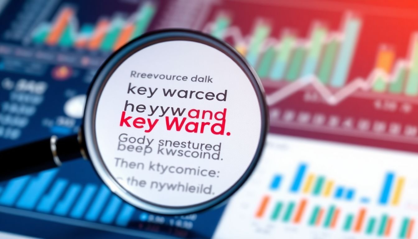 A magnifying glass zooming in on a list of keywords, with data graphs and charts in the background