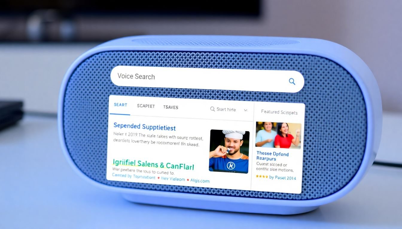 A smart speaker with a voice search interface, displaying relevant search results and featured snippets