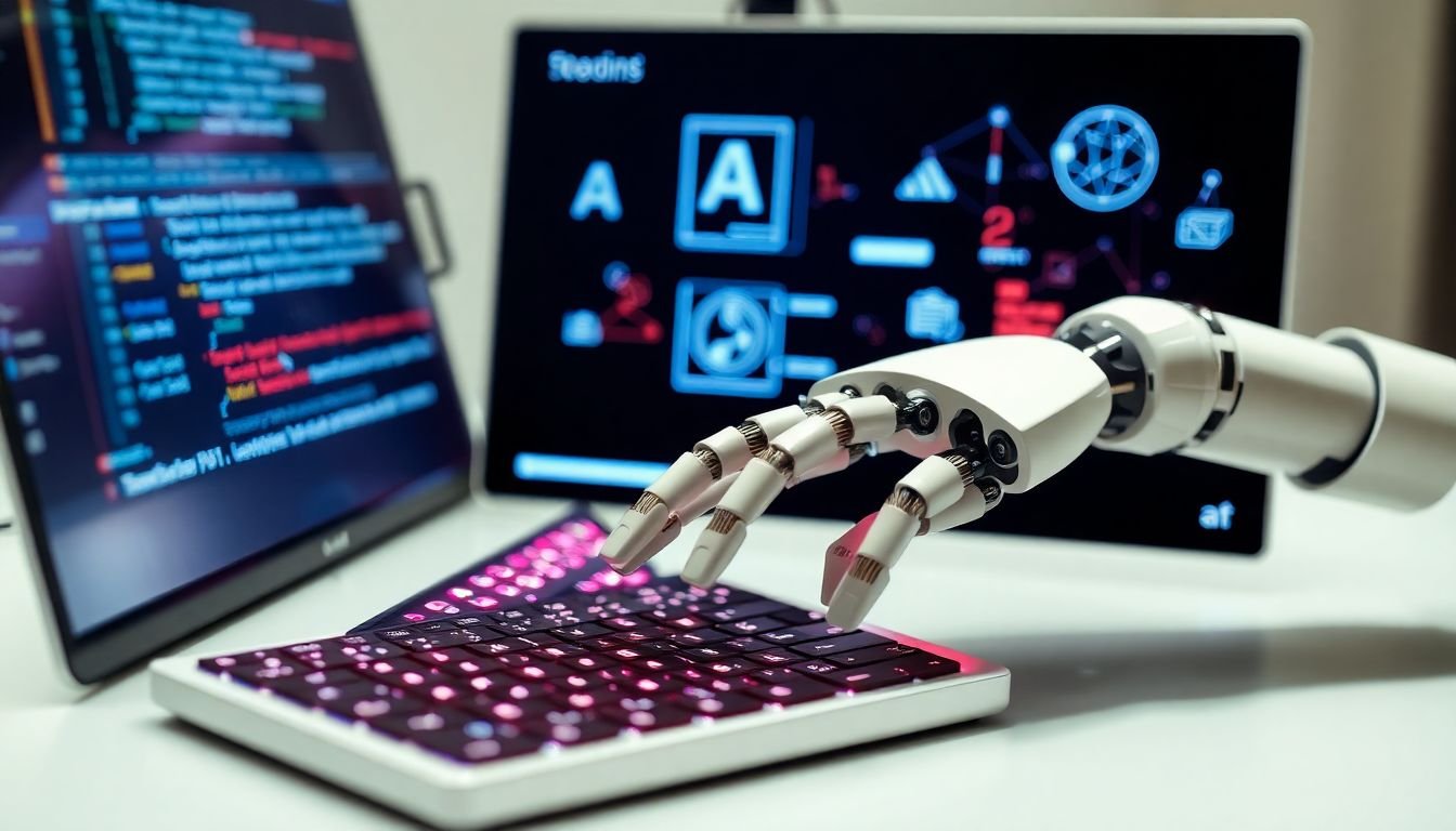A robot arm typing on a keyboard, with AI and machine learning algorithms displayed on the screen