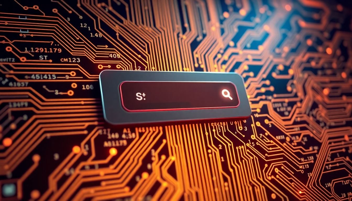A complex circuit board with algorithms written on it, connected to a futuristic search engine logo