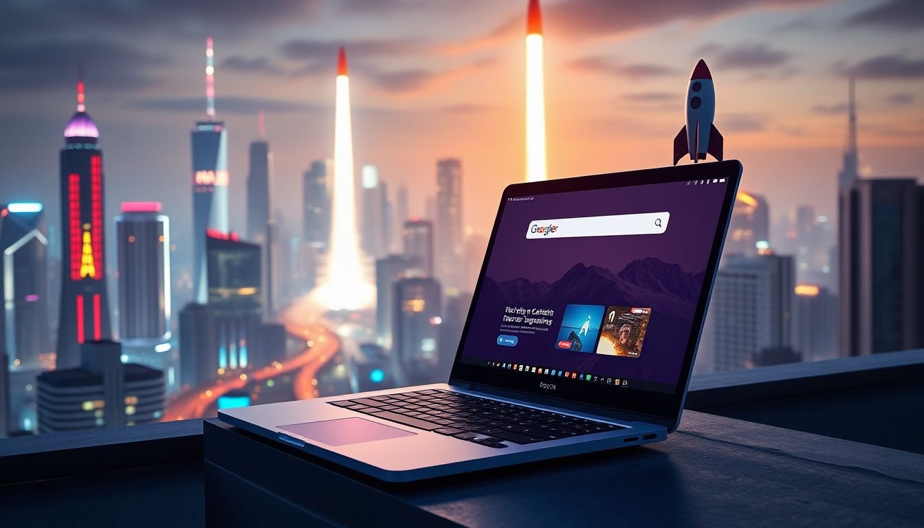A futuristic cityscape with neon lights, a sleek laptop open on a rooftop, displaying a website at the top of search engine rankings, with a rocket taking off in the background.