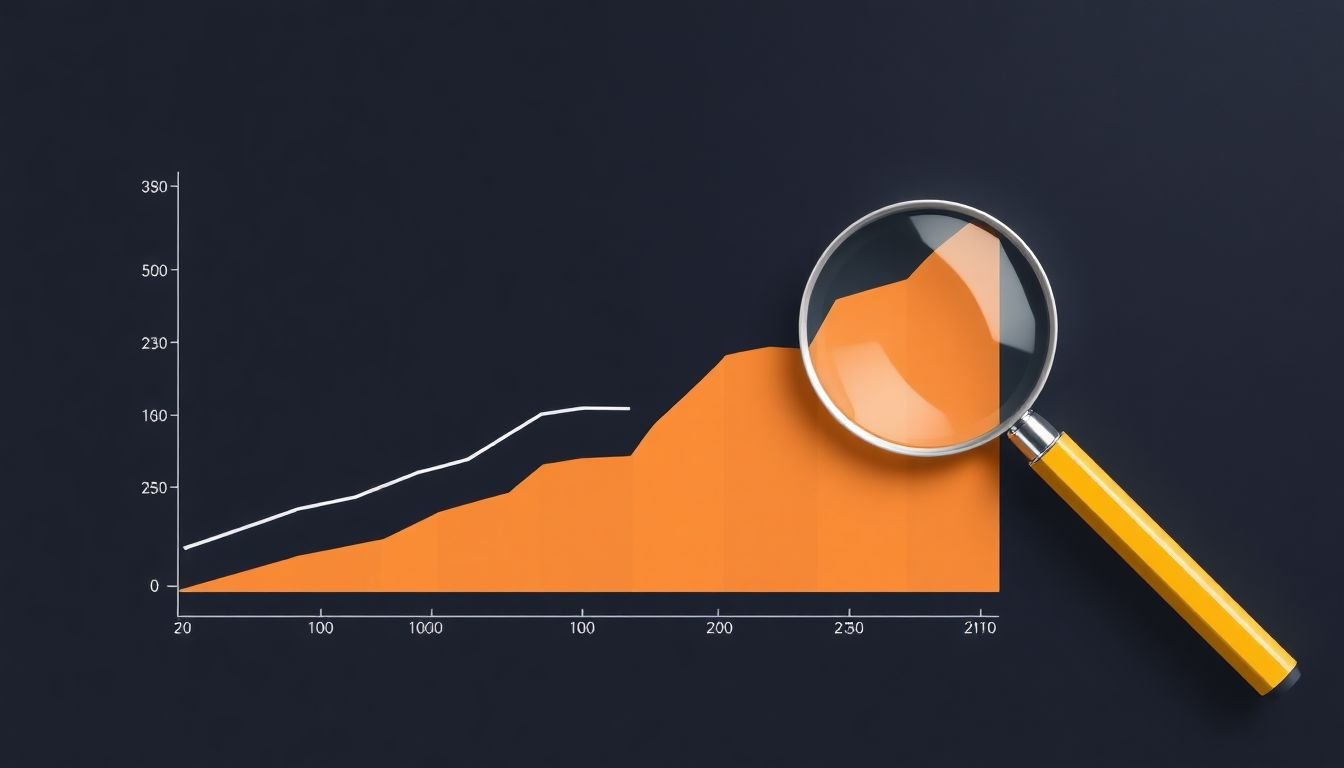 A graph with a steadily increasing line representing keyword performance, with a magnifying glass and a pencil for tracking and refining.