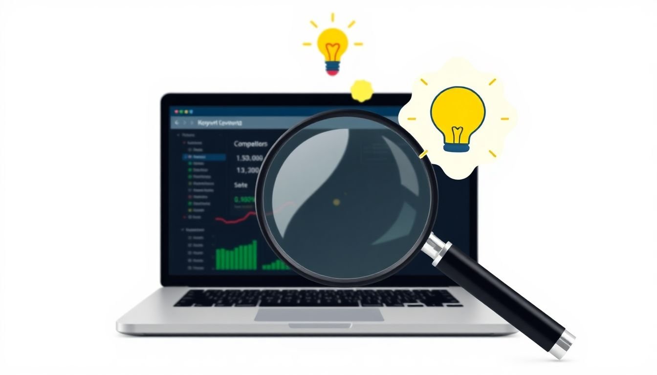 A detective magnifying glass over a laptop, revealing a competitor's keyword data, with a thought bubble showing a lightbulb moment.