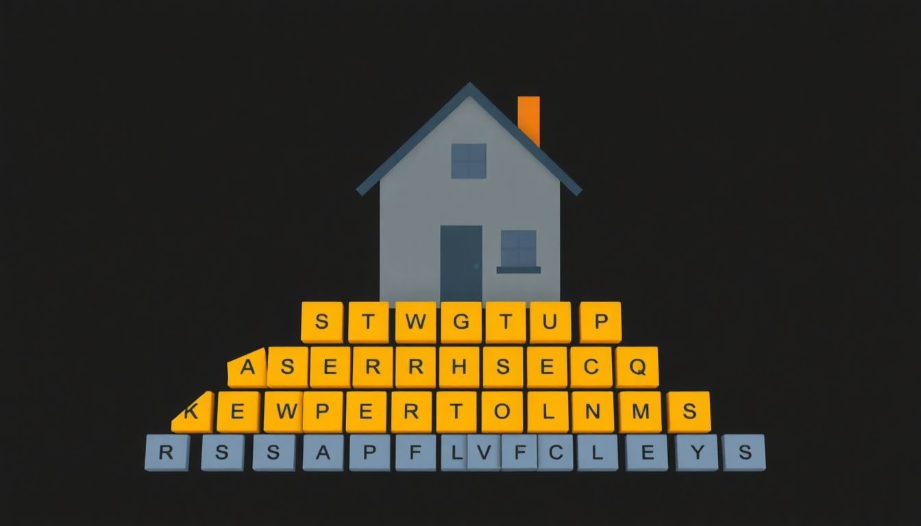 A strong foundation made of keywords, supporting a house (website) with a growing traffic graph as its roof.