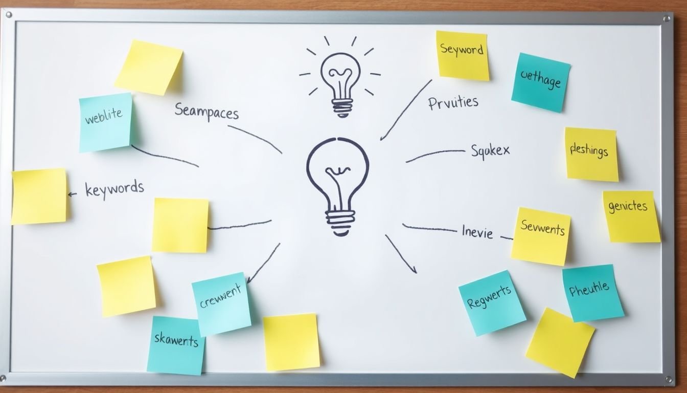 A creative brainstorming session with keywords written on sticky notes, scattered around a whiteboard with a lightbulb and a thought bubble.
