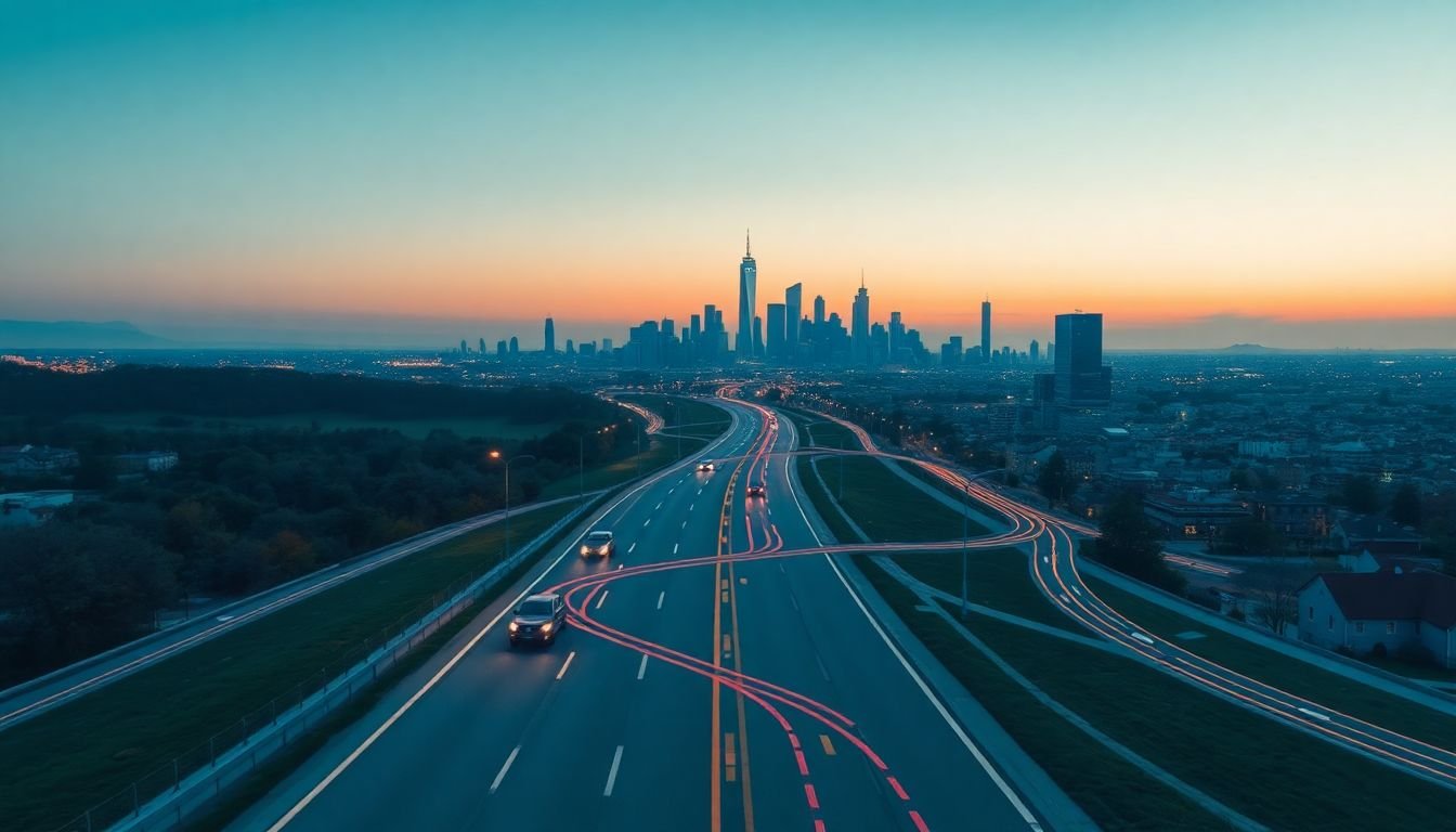 A roadmap with keywords as destinations, connected by roads representing content, leading to a city (website) with a traffic graph as its skyline.