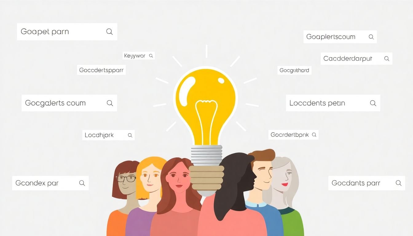A lightbulb moment with a diverse group of people representing different buyer personas, surrounded by keywords and search bars.