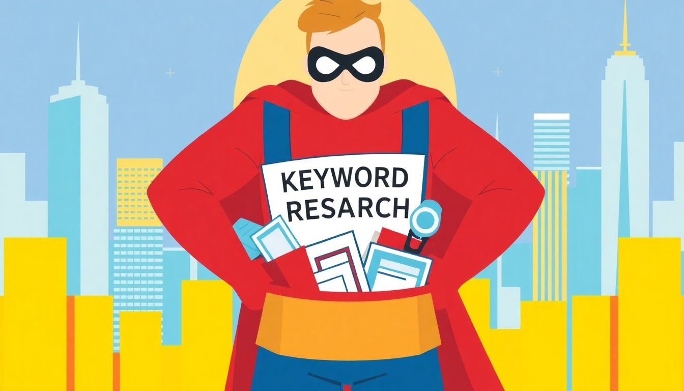 A superhero wearing a toolbelt filled with keyword research tools, standing in a cityscape with skyscrapers representing competitors.