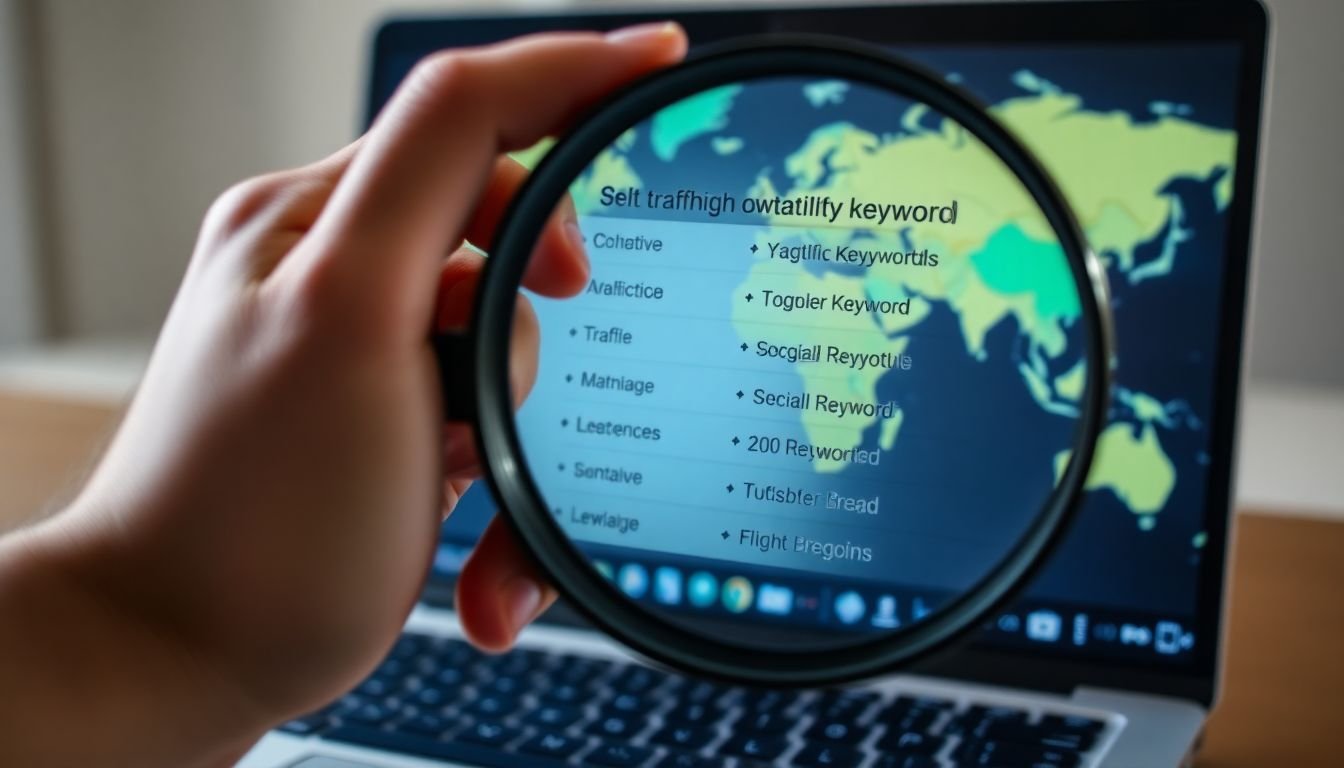 A close-up of a hand holding a magnifying glass over a laptop, zooming in on a list of high-traffic, low-competition keywords, with a world map in the background representing global SEO traffic.