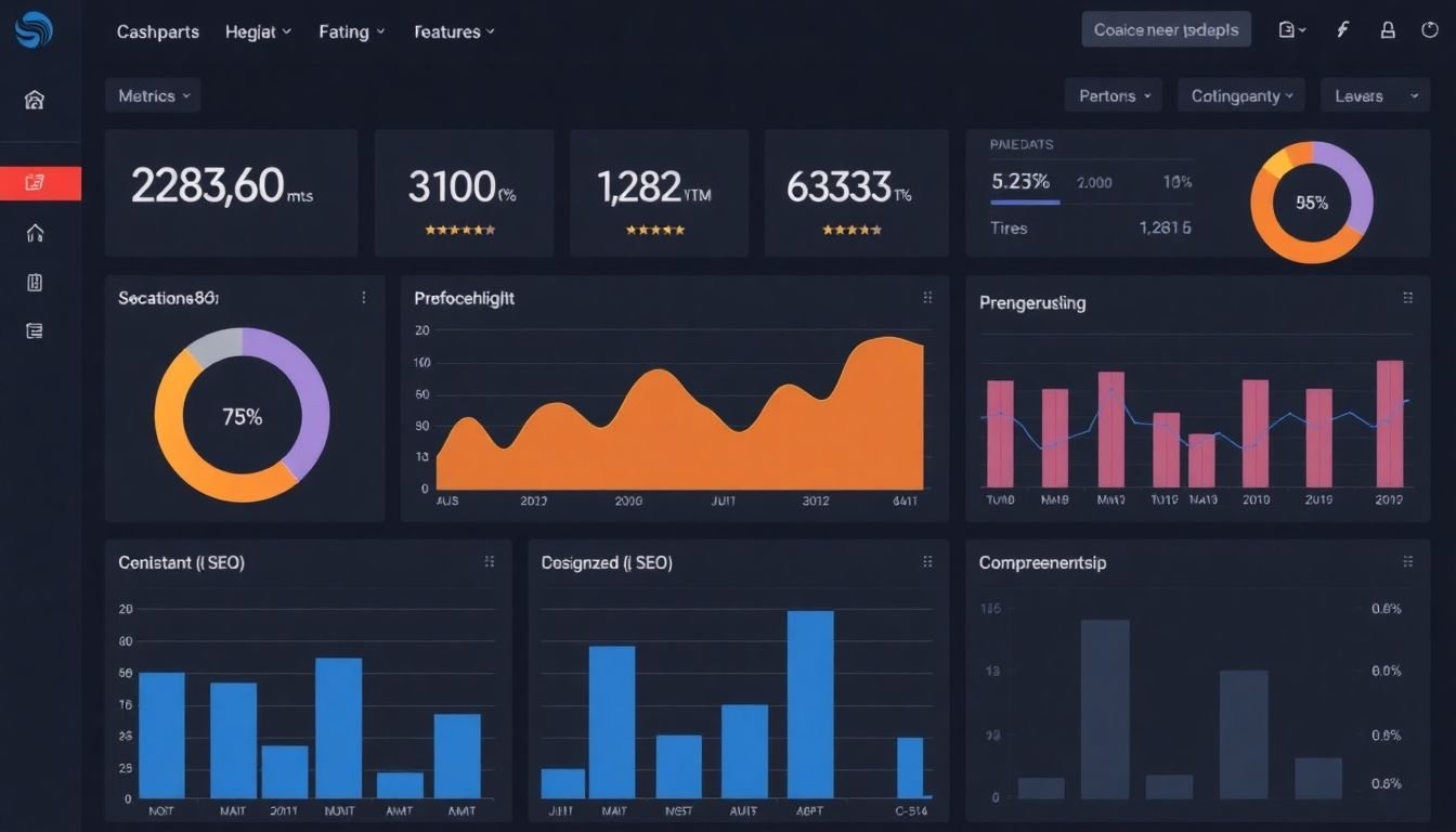 A dashboard showing SEO metrics, with graphs and charts indicating improvements over time.