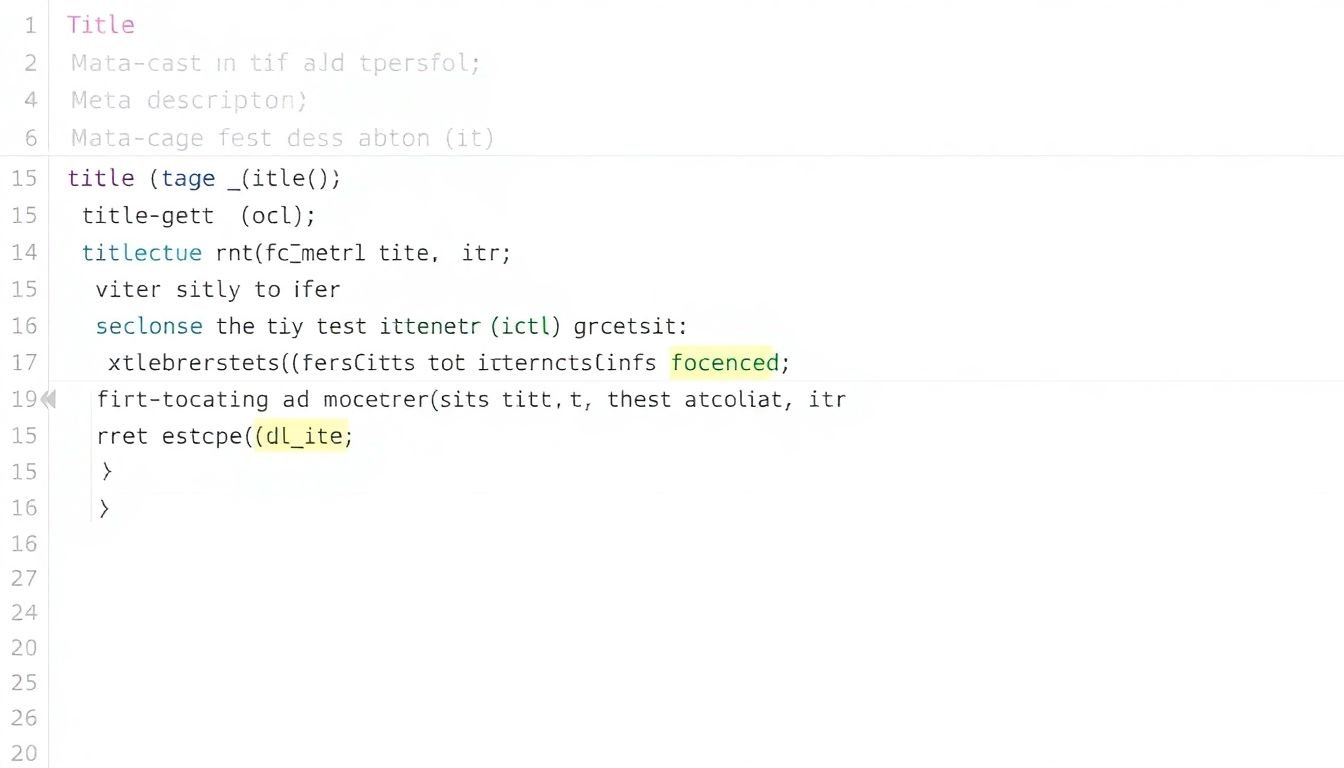 A snippet of HTML code showing the title tag and meta description fields, with relevant keywords highlighted.