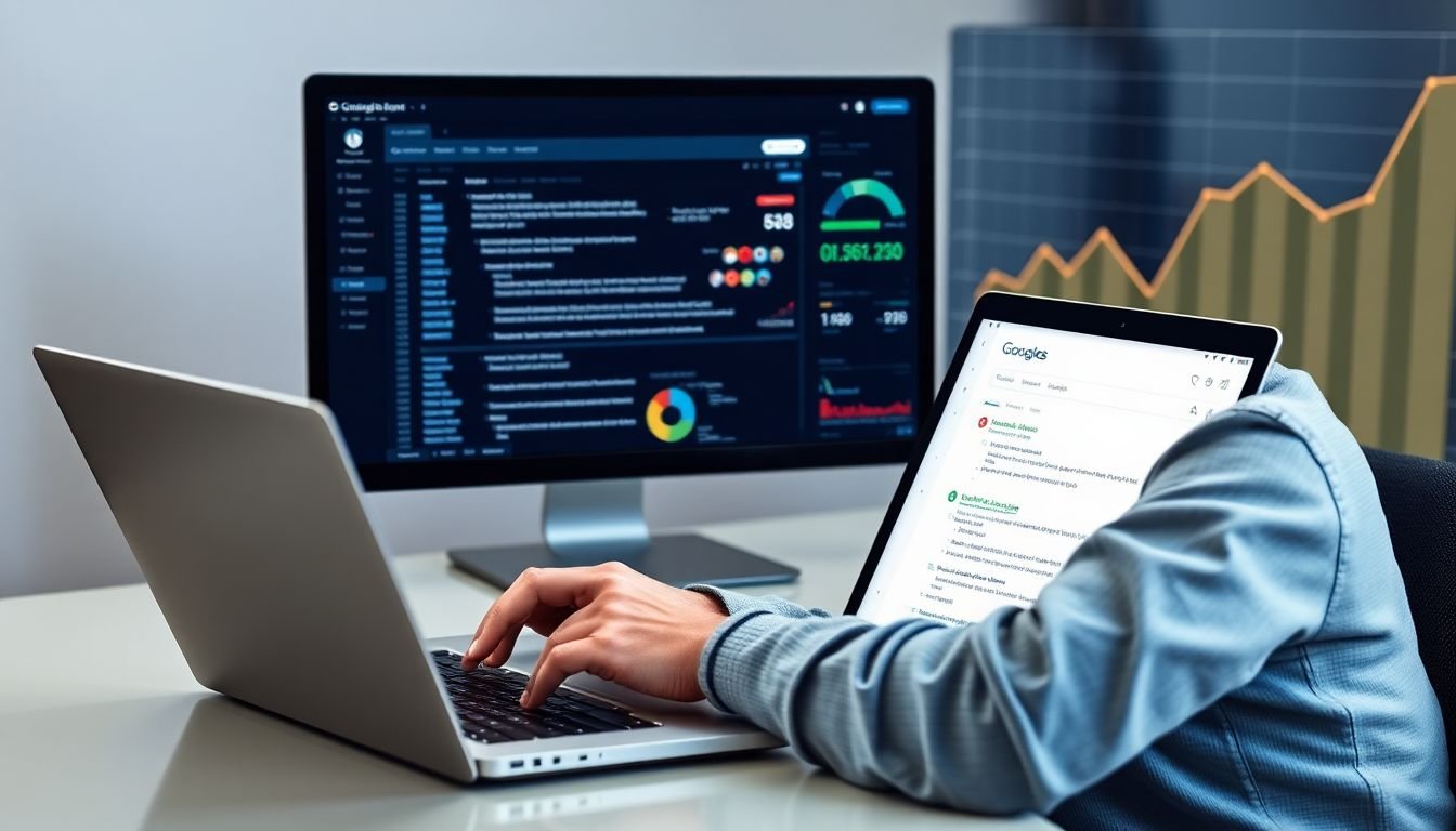 A meticulous web developer meticulously checking and optimizing various on-page SEO elements on a laptop, with relevant keywords and tools visible on the screen, and a graph showing increasing Google rankings in the background.