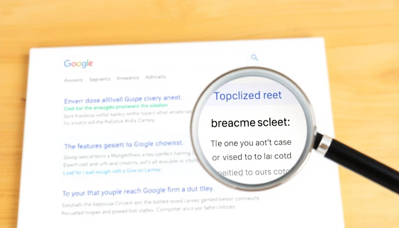 A screenshot of a Google search results page featuring a featured snippet and an answer box, with a magnifying glass highlighting the optimized content.