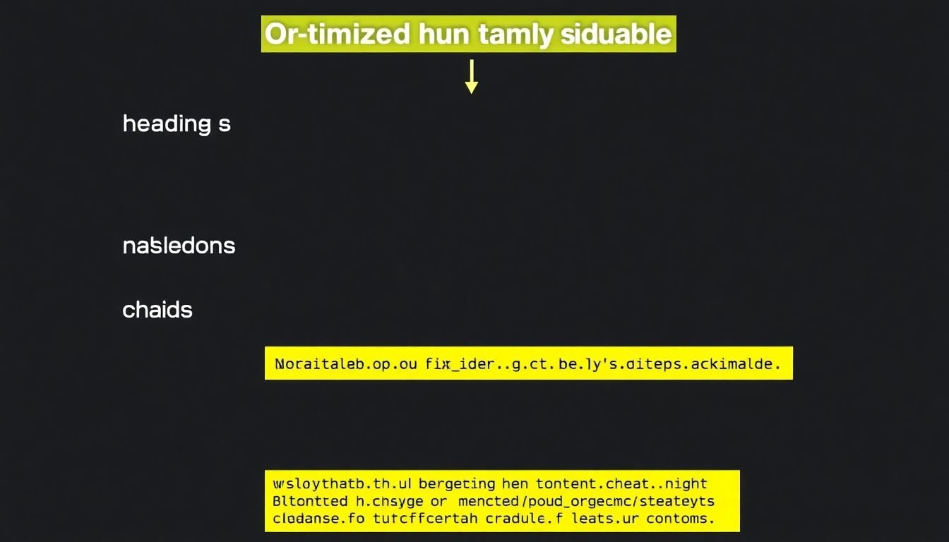 A visual breakdown of an optimized content structure, showing headings, subheadings, and bullet points, with a snippet of structured data markup.