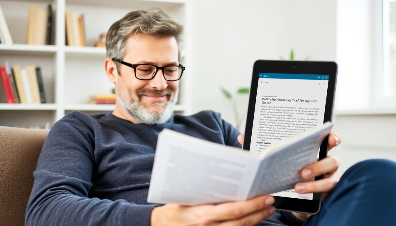 An image of a satisfied reader engrossed in a well-designed, easy-to-read article on a digital device.