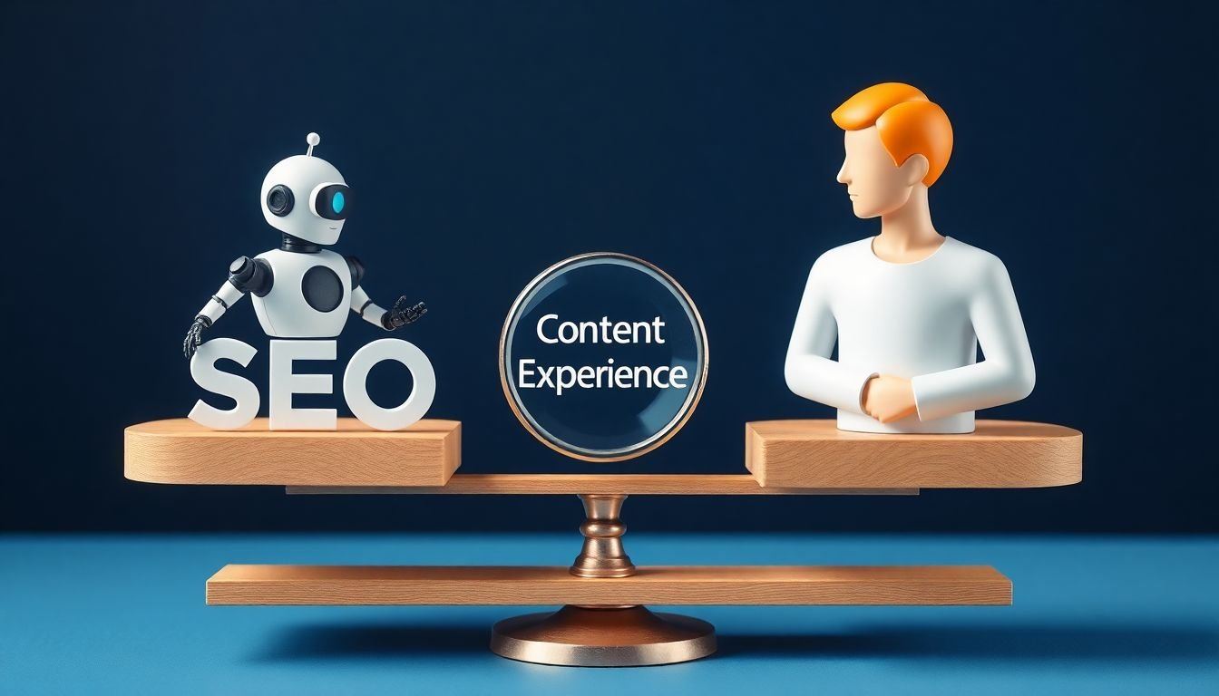 A creative image of a scale balancing SEO and user experience elements, such as a robot and a human, with a magnifying glass representing content optimization in the middle.