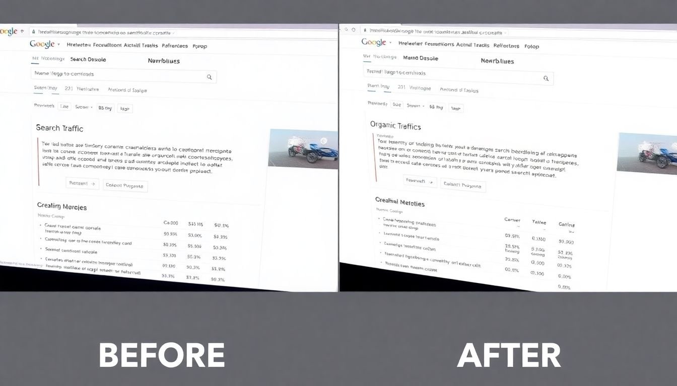 Side-by-side screenshots of a website's Google Search Console before and after a successful backlink building campaign, showing a significant increase in organic traffic.