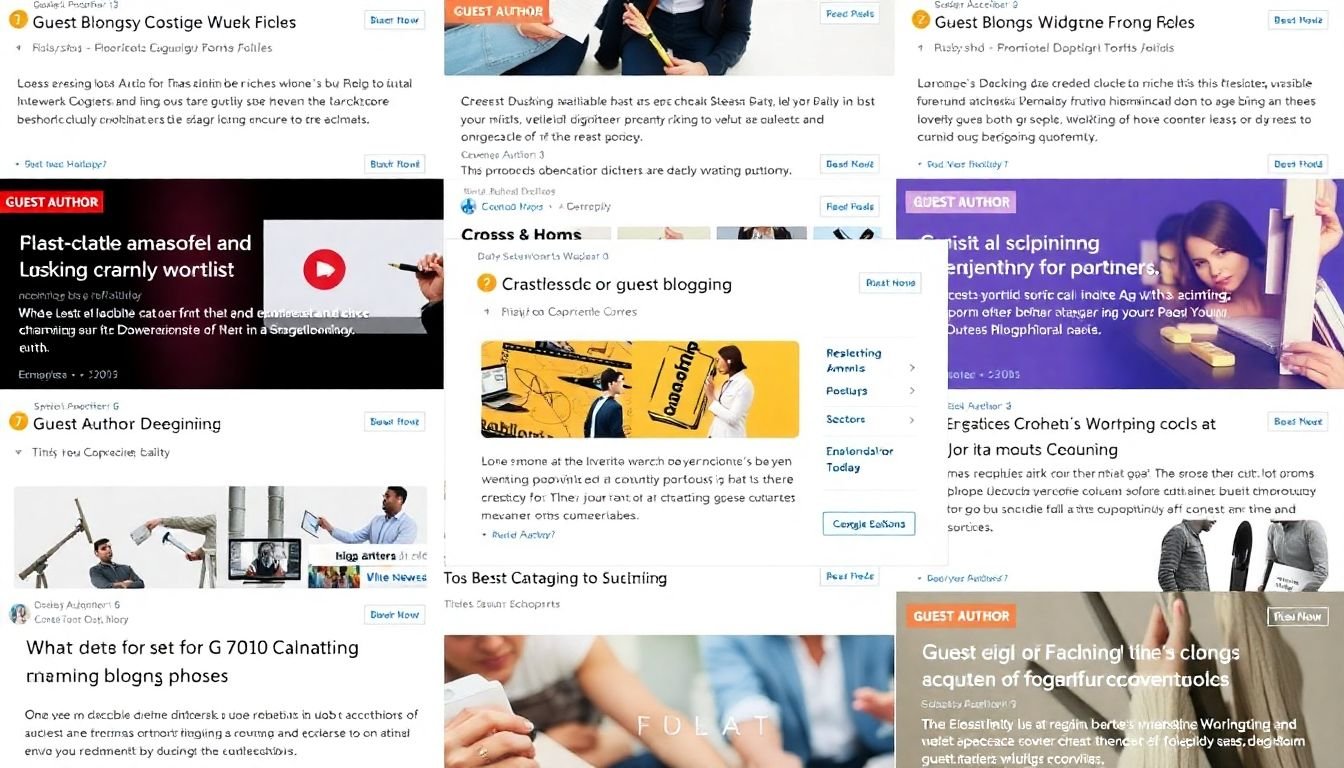 A collage of blog post thumbnails from various niches, each with a 'Guest Author' tag, representing guest blogging opportunities.
