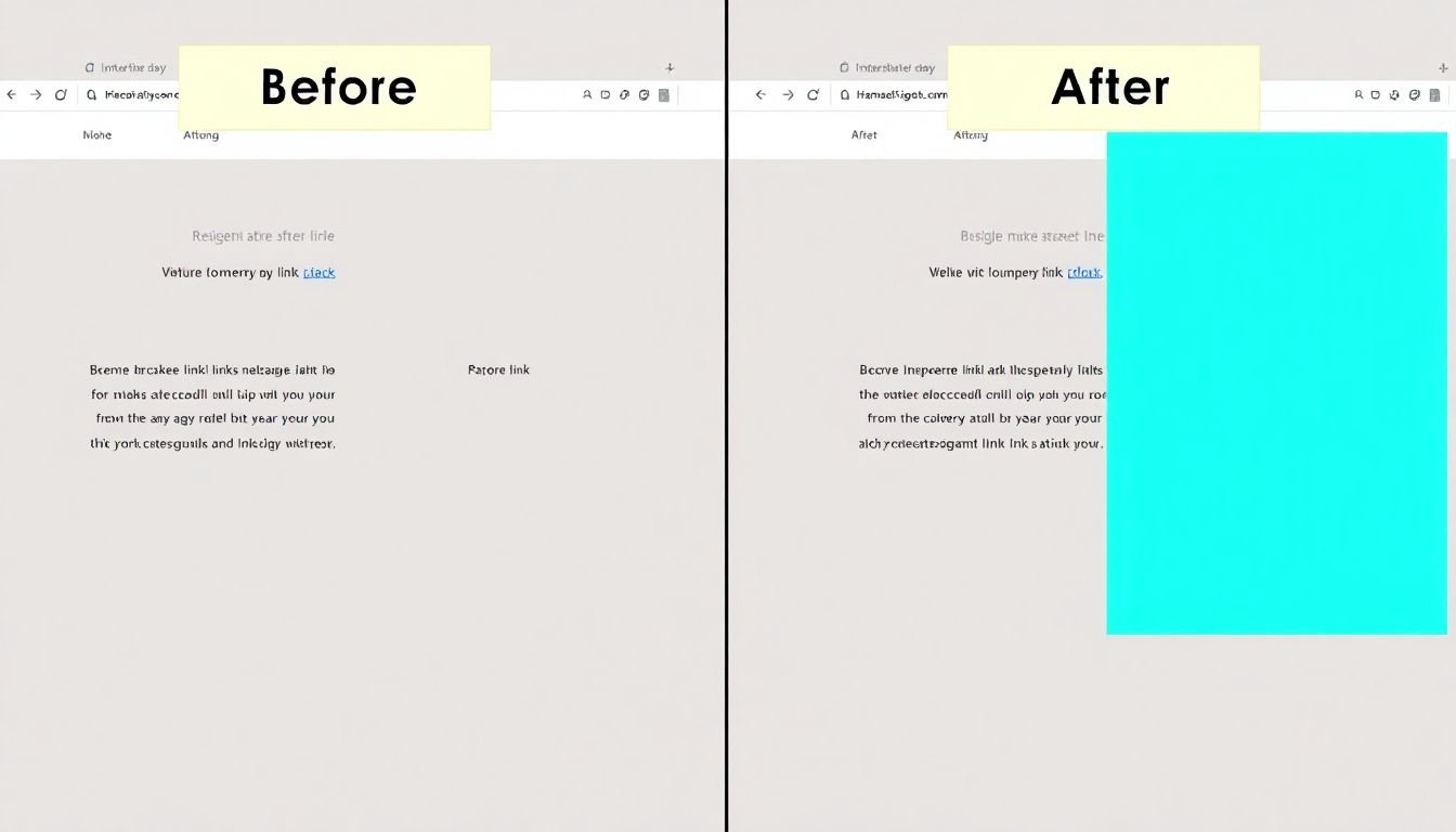 A before-and-after screenshot of a webpage, showing a broken link being replaced with a relevant, functional one.
