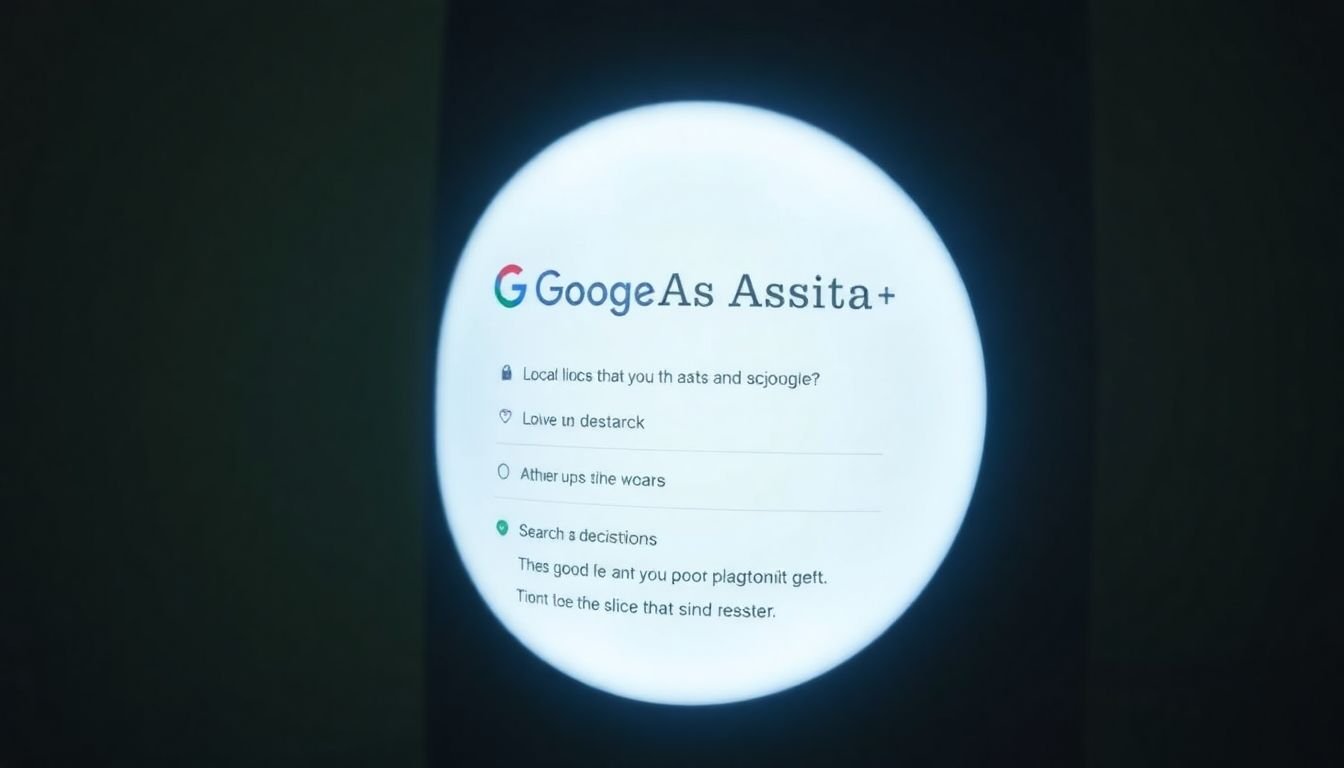 A smart speaker with a glowing Google Assistant logo, displaying local search results in response to a voice query.