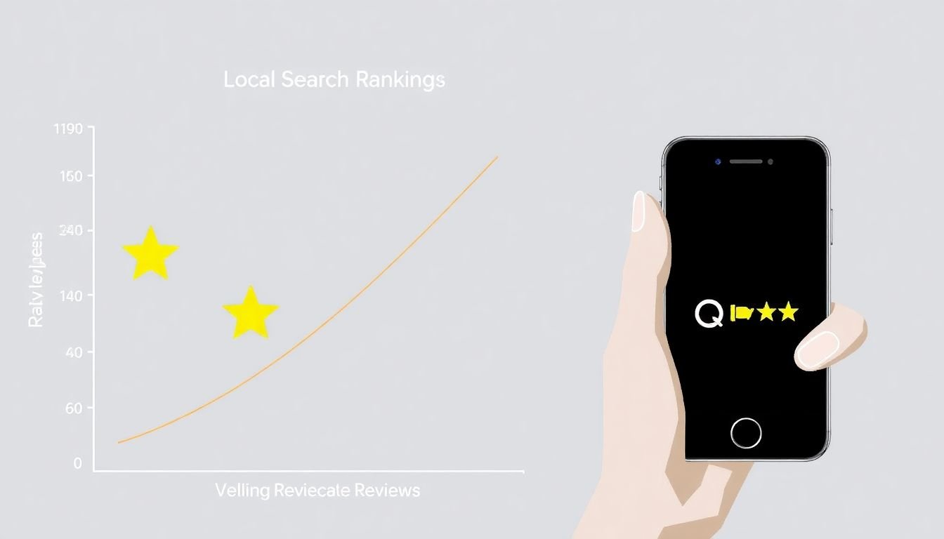 A graph showing the correlation between online reviews and local search rankings, with a satisfied customer leaving a positive review on a smartphone.