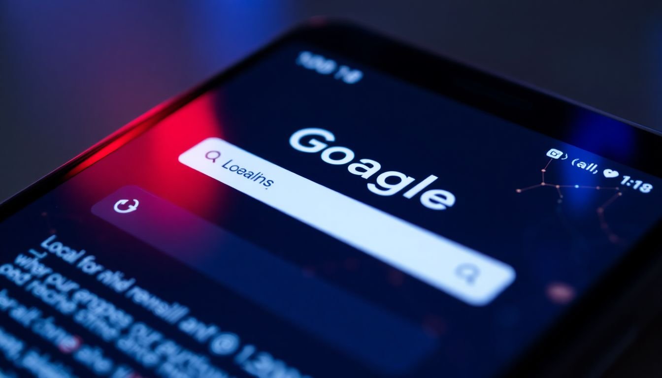 A close-up of a smartphone screen displaying Google's local search algorithm factors, with a futuristic, glowing interface.