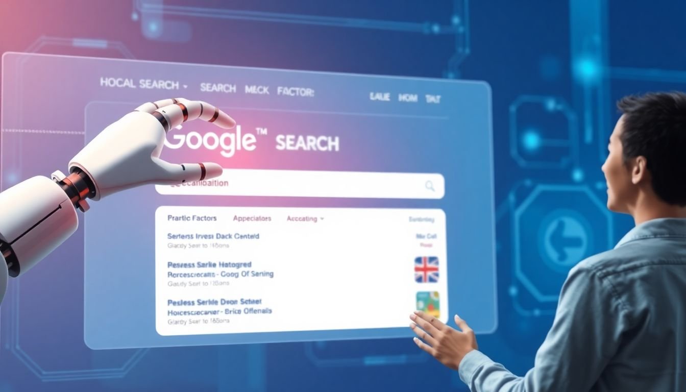 A futuristic, AI-powered local search interface, with a robot hand adjusting search ranking factors and a satisfied customer interacting with the system.
