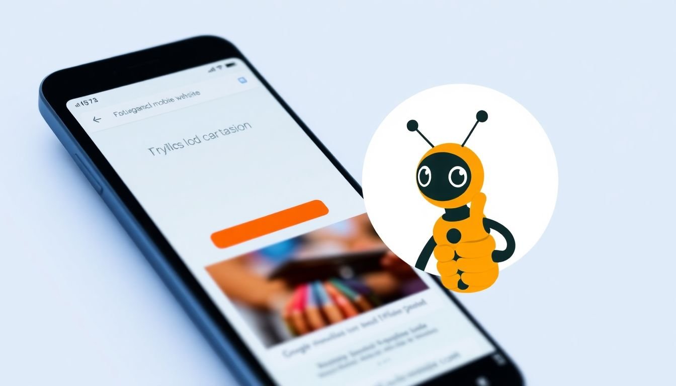 A smartphone screen displaying a fast-loading, mobile-optimized website, with a Googlebot crawling the site and giving a thumbs-up.