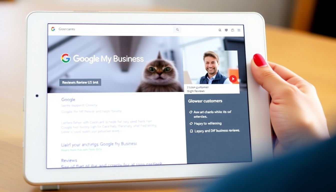 A well-optimized Google My Business listing on a tablet screen, with a happy customer leaving a glowing review.