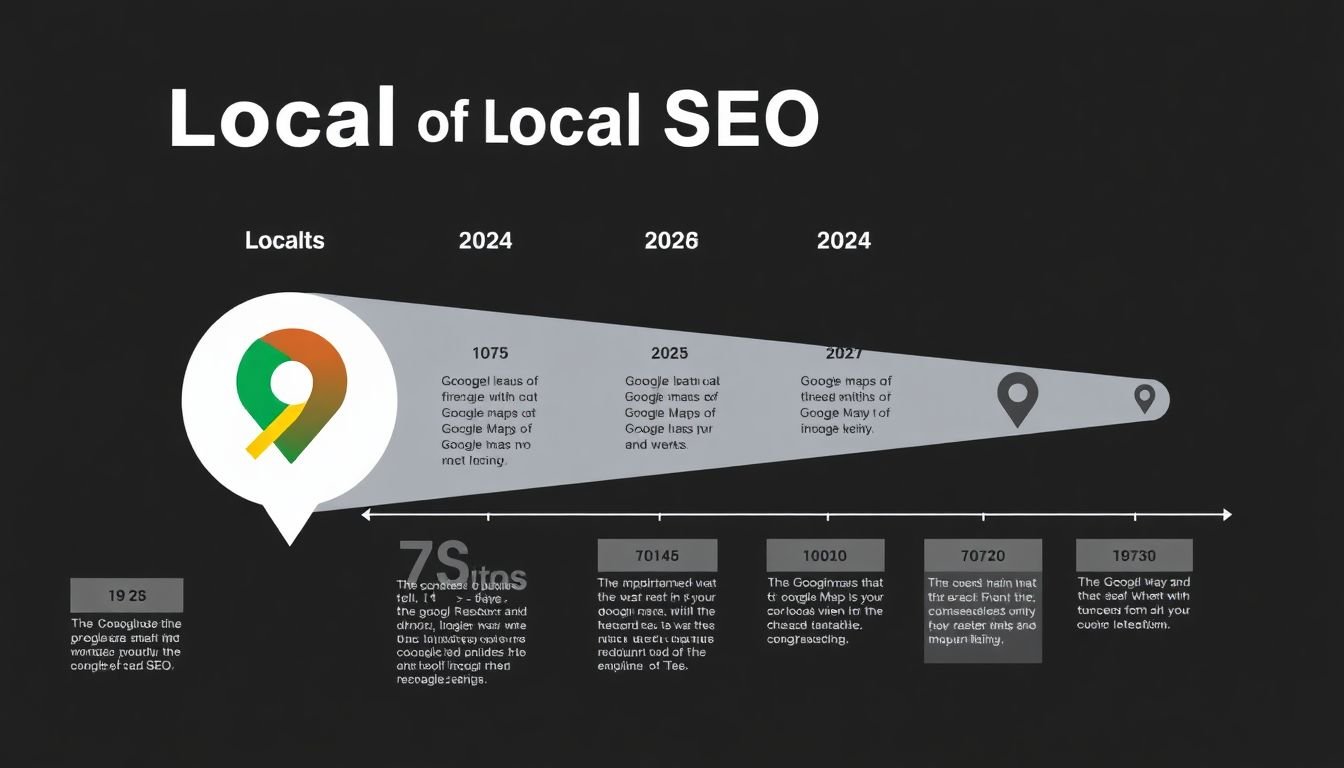 An infographic showing the evolution of local SEO, with a prominent Google Maps icon and a futuristic 2024 timeline.