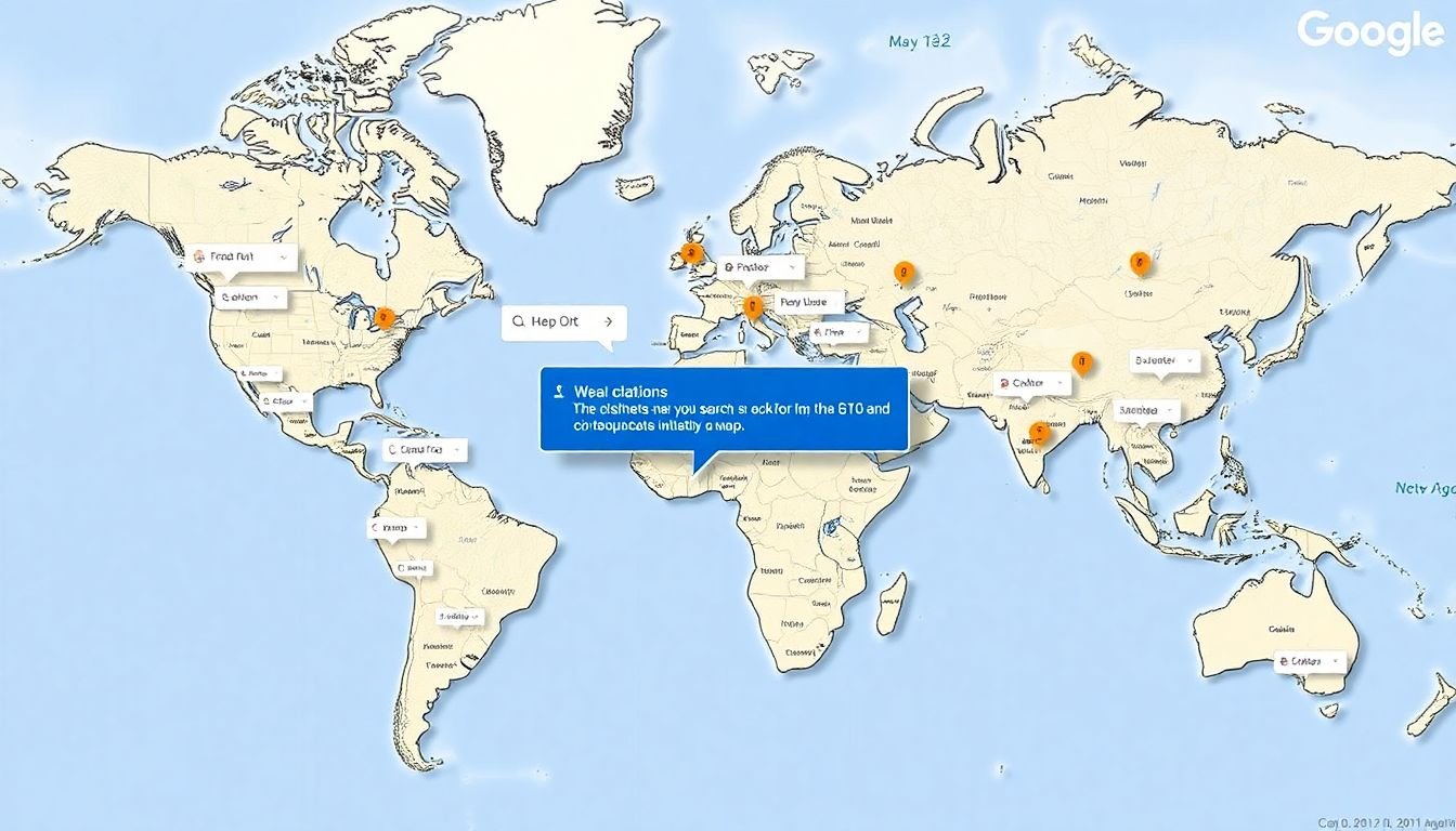 A world map filled with local citations, with a business's search ranking improving as more citations are added.