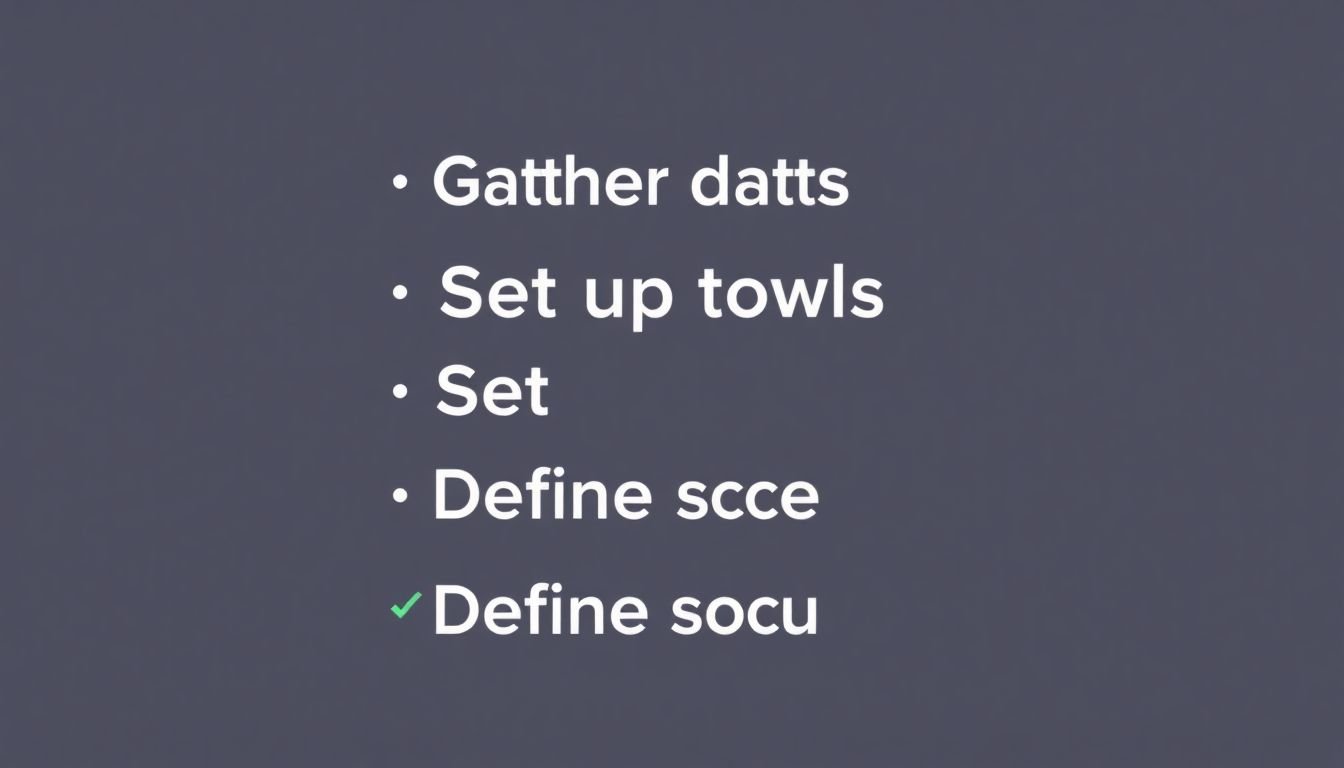 A checklist with items like 'Gather data', 'Set up tools', and 'Define scope', crossed off with a green checkmark.