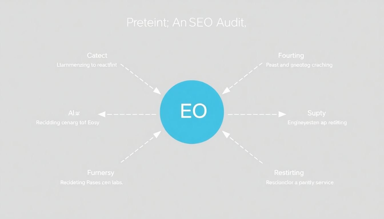 An infographic illustrating the process of an SEO audit, with arrows connecting each step.