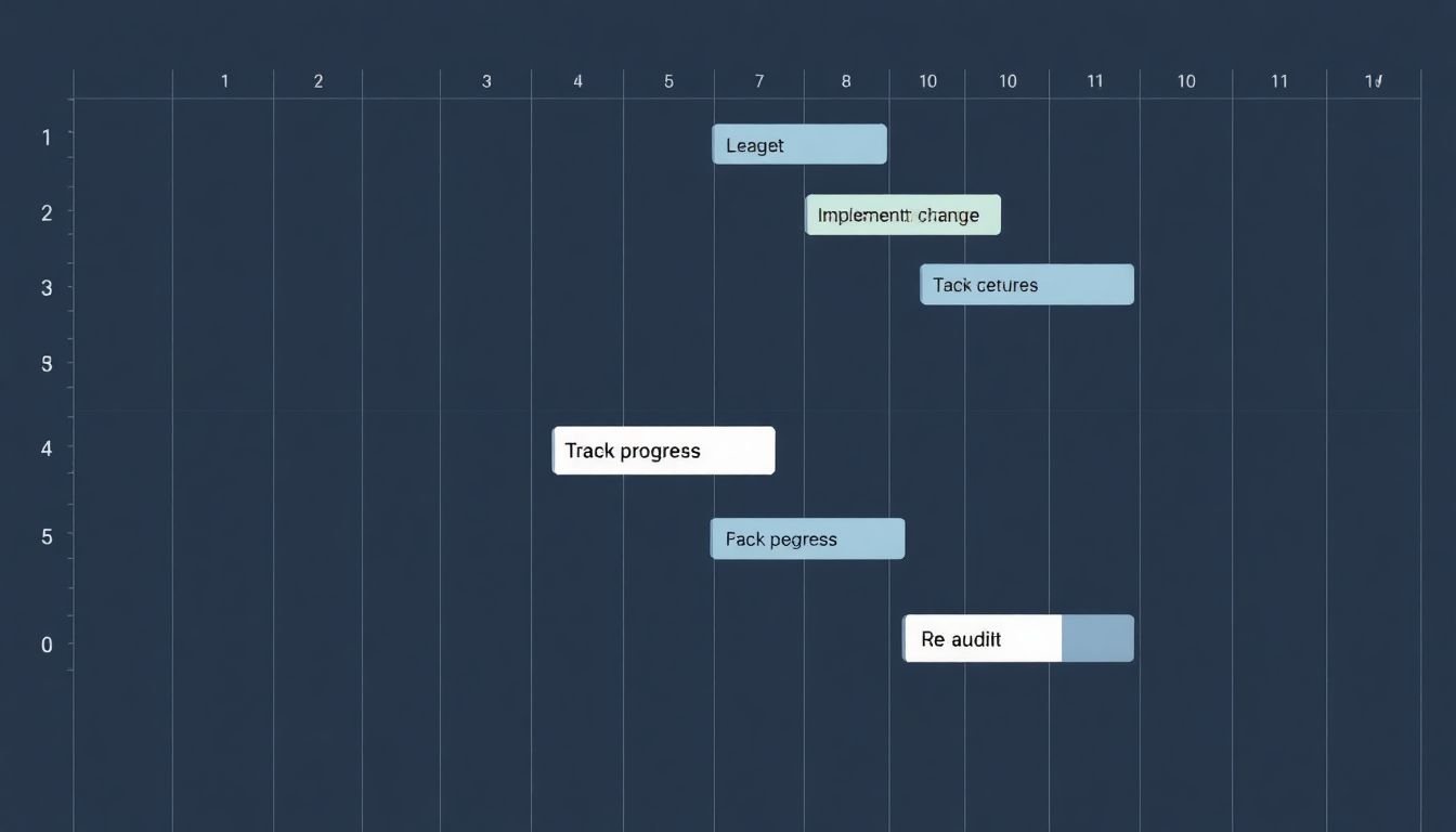 A Gantt chart with tasks like 'Implement changes', 'Track progress', and 'Re-audit' in different stages of completion.