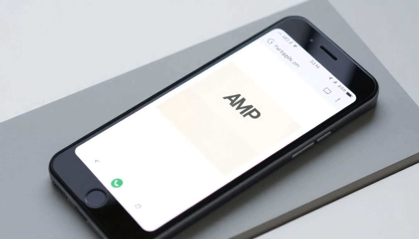 A smartphone screen displaying a fast-loading, AMP-optimized webpage, with a green checkmark next to it.