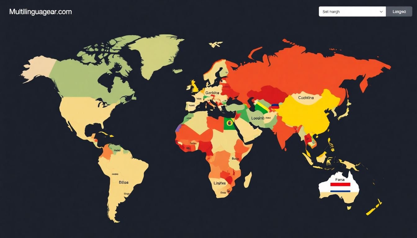 A world map with different languages and countries highlighted, representing a multilingual website's global reach.