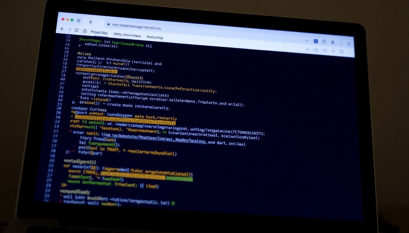 A laptop screen displaying a webpage's source code, with highlighted sections for meta tags, headers, and URLs.