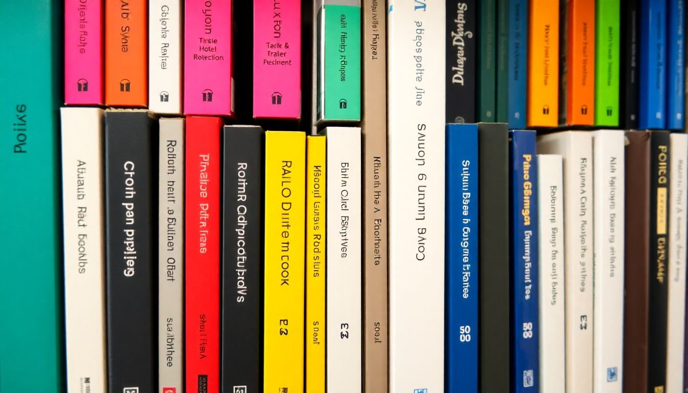 A bookshelf filled with books, each with a different color label representing different content categories or topics.