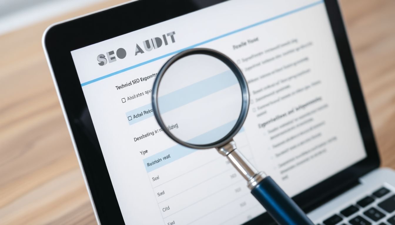 A close-up of a laptop screen displaying an SEO audit report, with a magnifying glass hovering over it, and a checklist of technical SEO tasks in the background.
