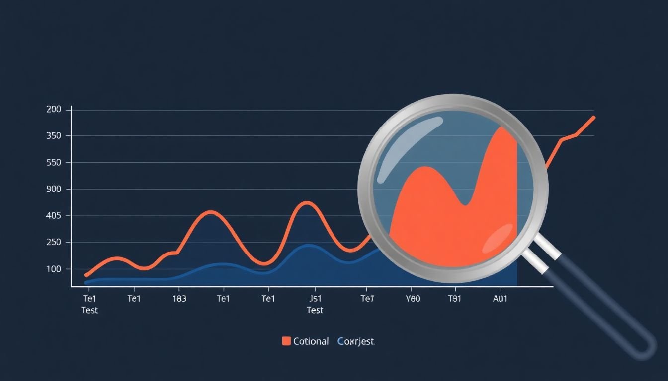 A graph showing organic traffic trends of competitors, with a magnifying glass pointing at a gap in their strategy.