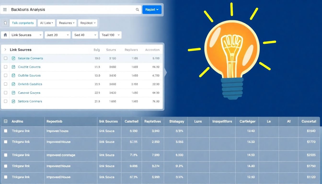 A backlink analysis tool showing competitors' link sources, with a lightbulb moment for replicating and improving their strategies.